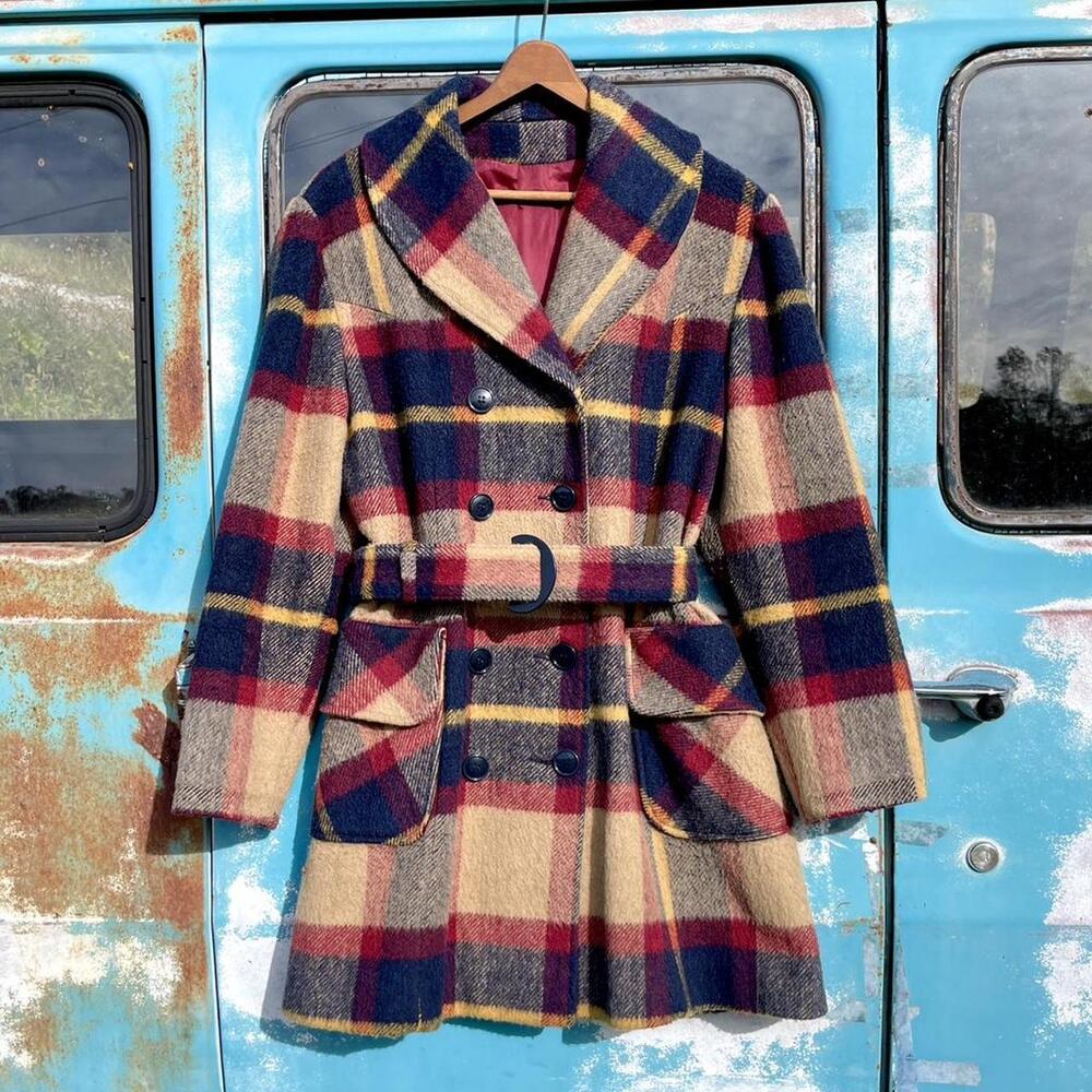 60s navy red & camel buffalo plaid mohair wool belted swing coat - Picture 6 of 6